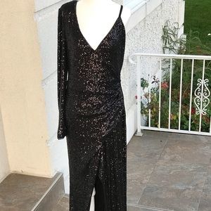 BCBG MaxAzria Black Sequin One Shoulder Gown. NWT